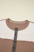 Waffled Patchwork Long Sleeve Loose Fit Henley Top