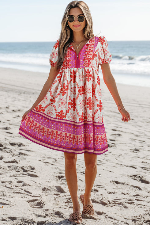 Wanderlust Folkloric Print Tassel Tie Puff Sleeve Babydoll Mini Dress