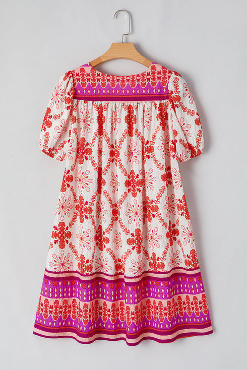 Wanderlust Folkloric Print Tassel Tie Puff Sleeve Babydoll Mini Dress