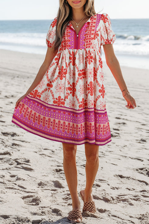 Wanderlust Folkloric Print Tassel Tie Puff Sleeve Babydoll Mini Dress