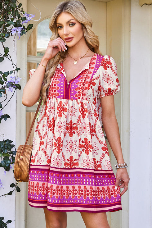Wanderlust Folkloric Print Tassel Tie Puff Sleeve Babydoll Mini Dress