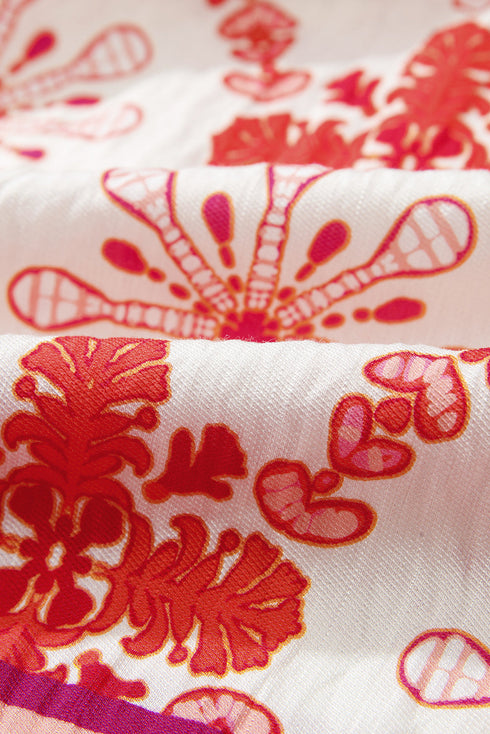 Wanderlust Folkloric Print Tassel Tie Puff Sleeve Babydoll Mini Dress