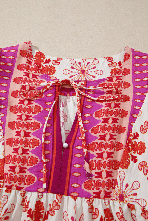 Wanderlust Folkloric Print Tassel Tie Puff Sleeve Babydoll Mini Dress