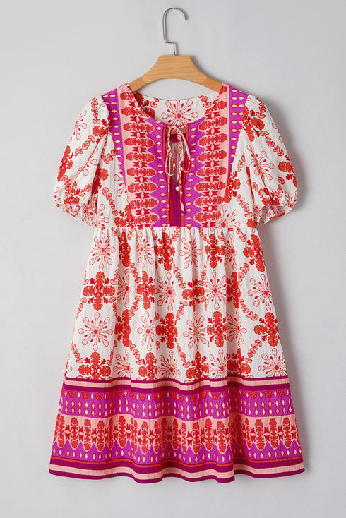 Wanderlust Folkloric Print Tassel Tie Puff Sleeve Babydoll Mini Dress