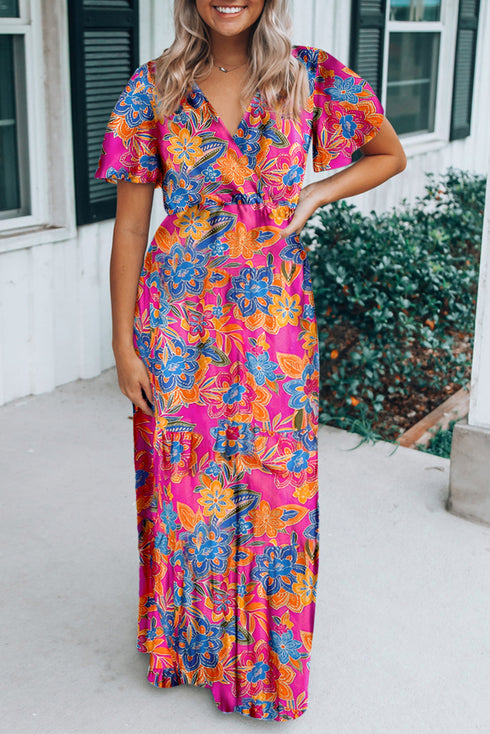 Warp V Neck Floral Maxi Dress
