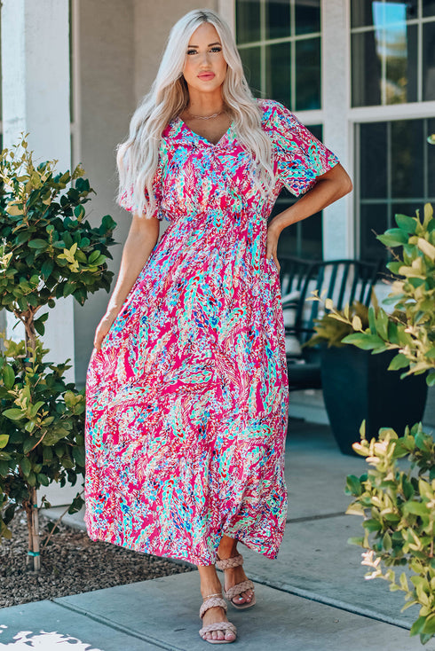 Warp V Neck Floral Maxi Dress
