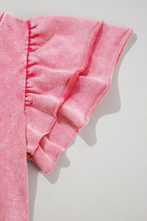 Washed Cotton Blend Raw Edge Ruffle Mini Dress