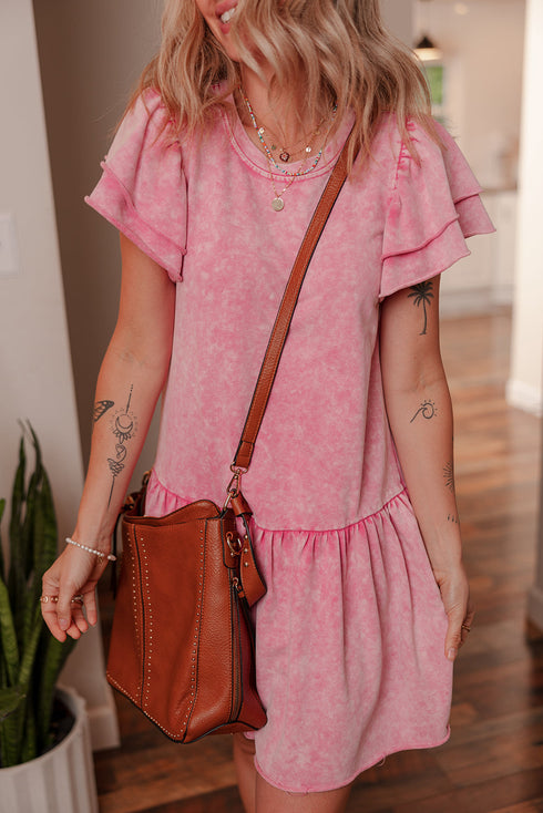 Washed Cotton Blend Raw Edge Ruffle Mini Dress