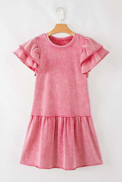 Washed Cotton Blend Raw Edge Ruffle Mini Dress