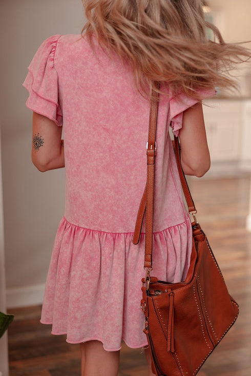Washed Cotton Blend Raw Edge Ruffle Mini Dress