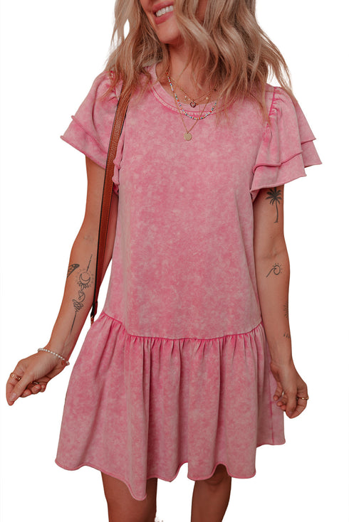 Washed Cotton Blend Raw Edge Ruffle Mini Dress