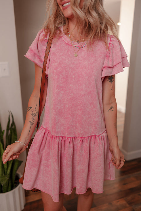 Washed Cotton Blend Raw Edge Ruffle Mini Dress
