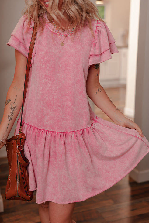Washed Cotton Blend Raw Edge Ruffle Mini Dress
