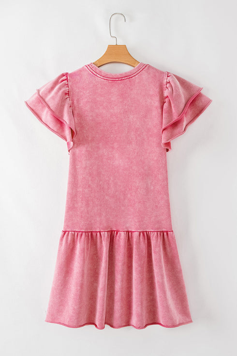 Washed Cotton Blend Raw Edge Ruffle Mini Dress