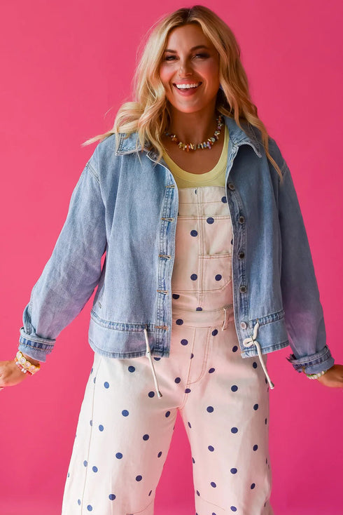 Washed Denim Adjustable Draw Cord Hem Casual Jacket