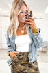 Washed Denim Adjustable Draw Cord Hem Casual Jacket