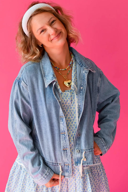 Washed Denim Adjustable Draw Cord Hem Casual Jacket