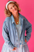 Washed Denim Adjustable Draw Cord Hem Casual Jacket