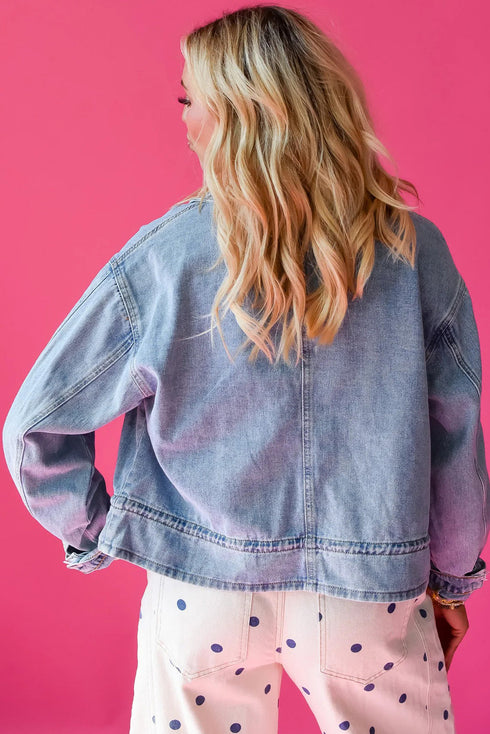 Washed Denim Adjustable Draw Cord Hem Casual Jacket