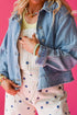 Washed Denim Adjustable Draw Cord Hem Casual Jacket