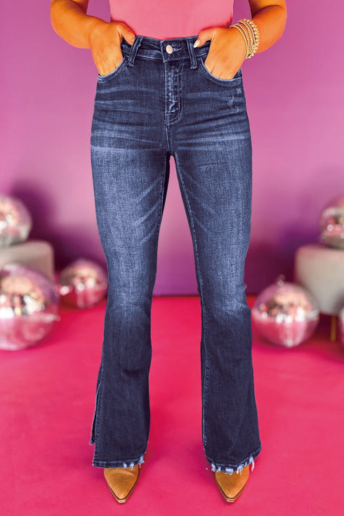 Washed Denim High Waist Split Hem Flare Jeans