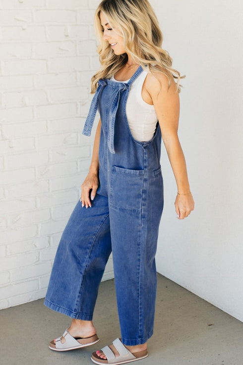 Washed Denim Knotted Strap Patched Pocket Wide Leg Overall