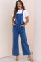 Washed Denim Knotted Strap Patched Pocket Wide Leg Overall