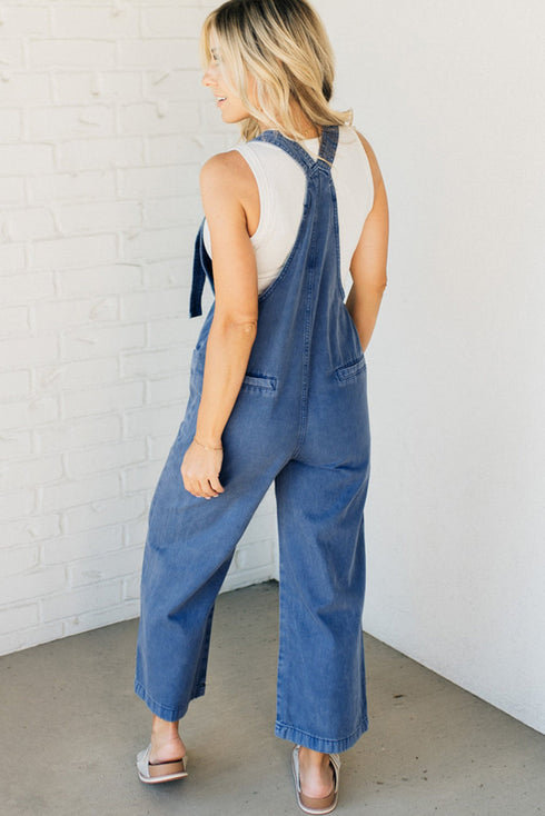 Washed Denim Knotted Strap Patched Pocket Wide Leg Overall