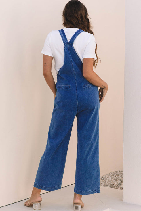 Washed Denim Knotted Strap Patched Pocket Wide Leg Overall
