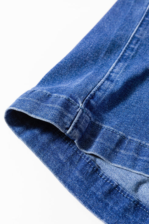 Washed Denim Knotted Strap Patched Pocket Wide Leg Overall