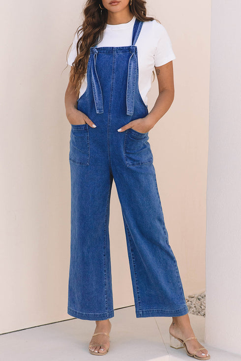 Washed Denim Knotted Strap Patched Pocket Wide Leg Overall