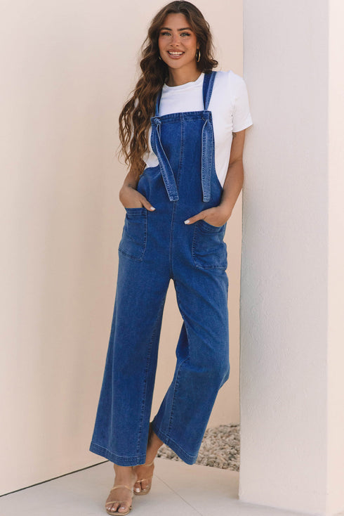 Washed Denim Knotted Strap Patched Pocket Wide Leg Overall