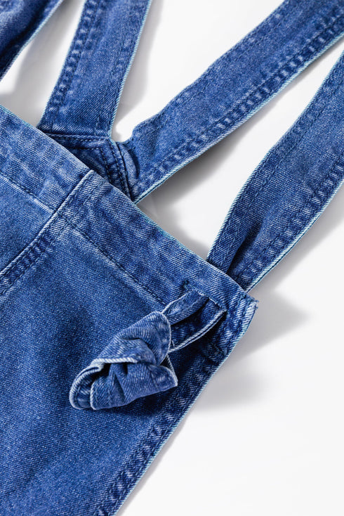 Washed Denim Knotted Strap Patched Pocket Wide Leg Overall
