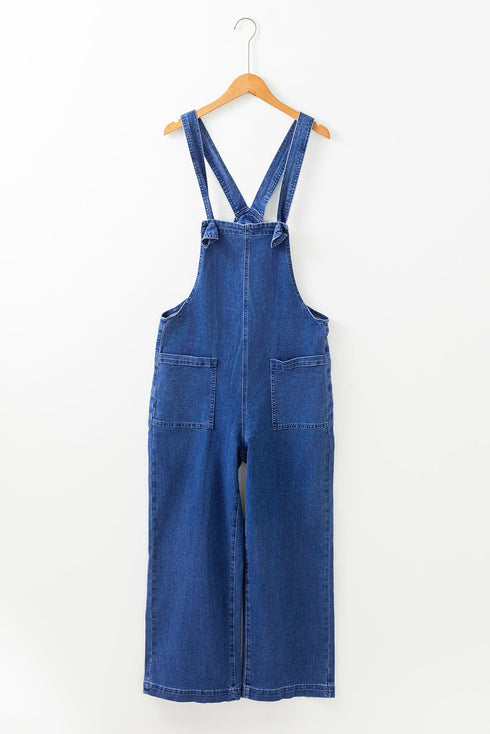 Washed Denim Knotted Strap Patched Pocket Wide Leg Overall