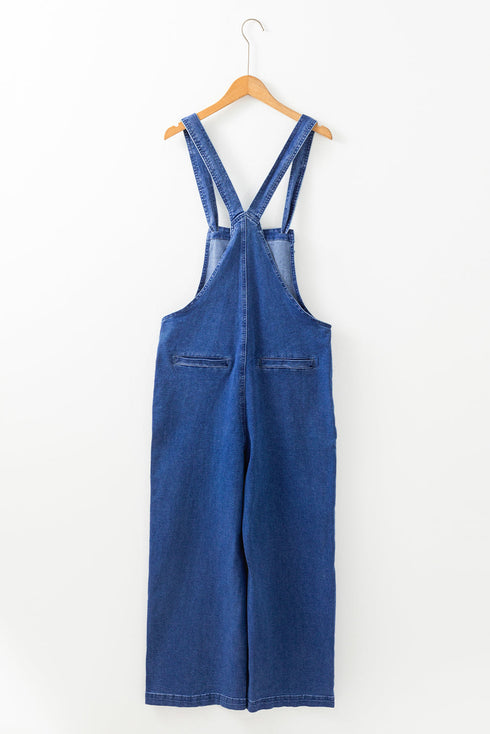 Washed Denim Knotted Strap Patched Pocket Wide Leg Overall