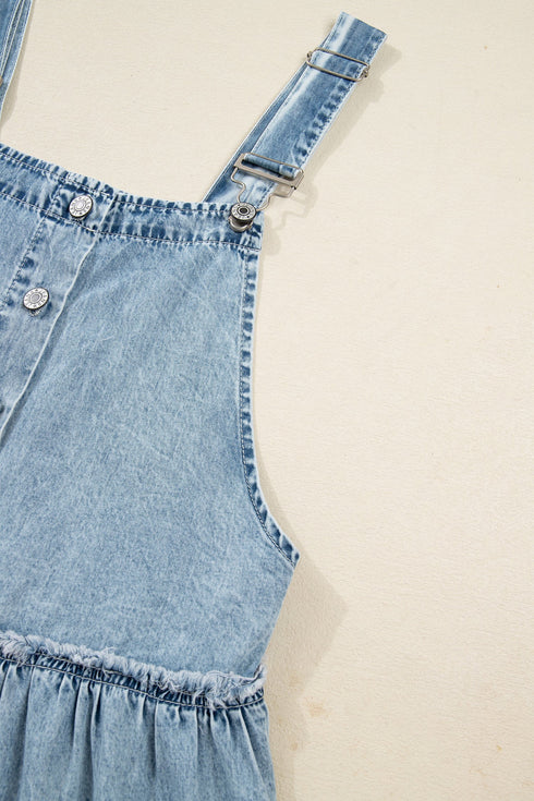 Washed Denim Tiered Flowy Western Overall Mini Dress