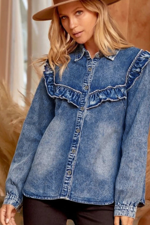 Washed Denim Western Ruffle Detail Button Down Shirt