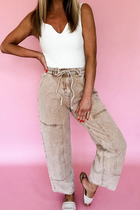 Washed Denim Wide Leg Barrel Fit Waist String Jeans