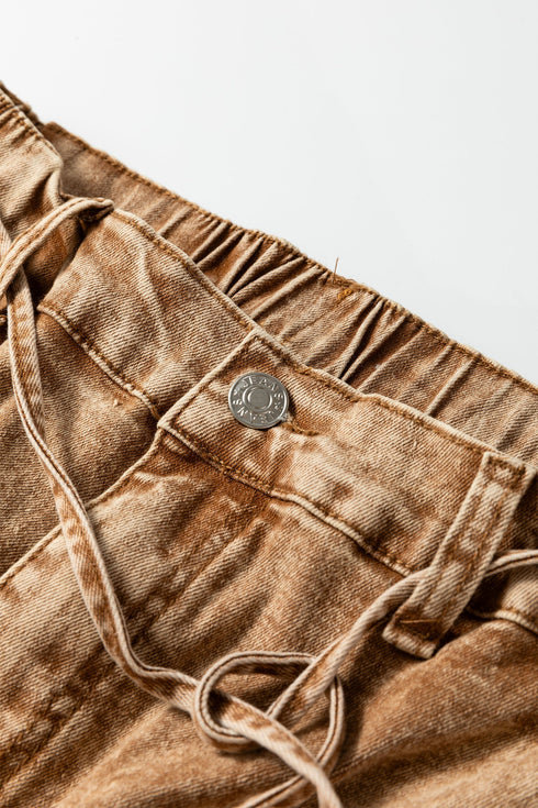 Washed Denim Wide Leg Barrel Fit Waist String Jeans