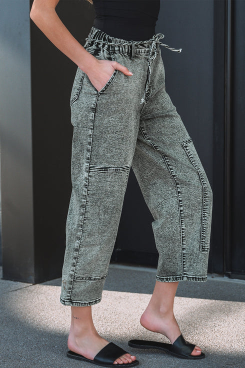 Washed Denim Wide Leg Barrel Fit Waist String Jeans