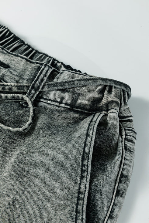 Washed Denim Wide Leg Barrel Fit Waist String Jeans