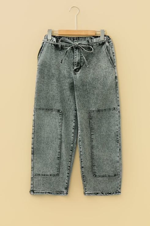 Washed Denim Wide Leg Barrel Fit Waist String Jeans