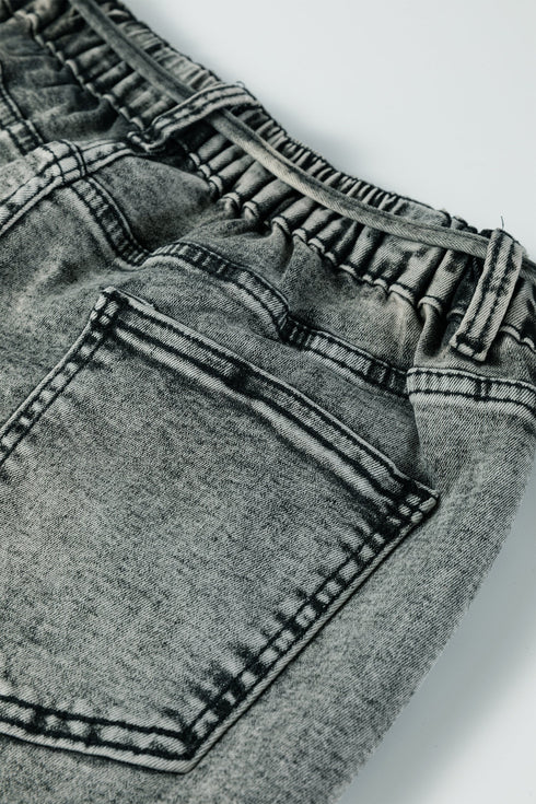 Washed Denim Wide Leg Barrel Fit Waist String Jeans
