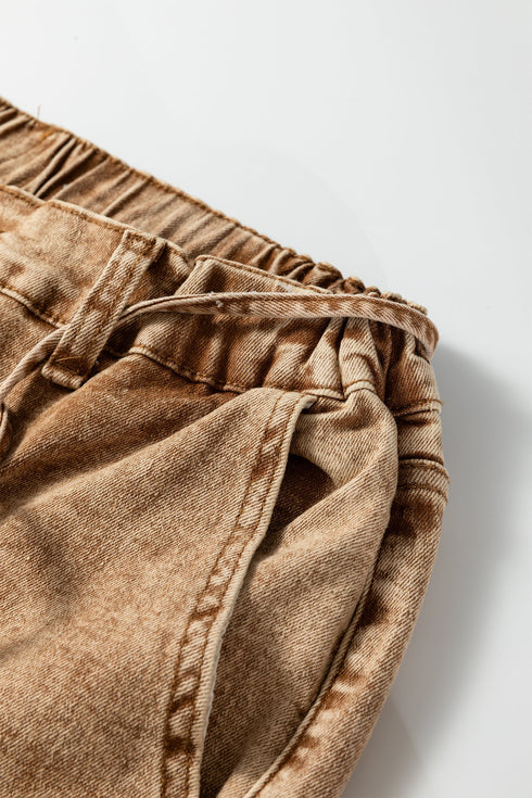 Washed Denim Wide Leg Barrel Fit Waist String Jeans