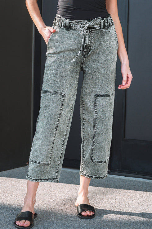 Washed Denim Wide Leg Barrel Fit Waist String Jeans