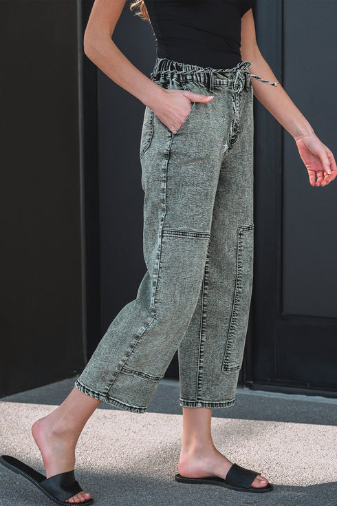 Washed Denim Wide Leg Barrel Fit Waist String Jeans