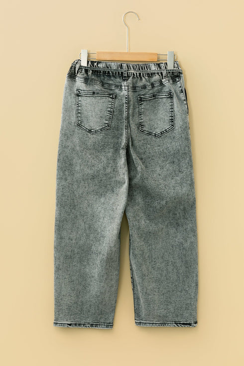 Washed Denim Wide Leg Barrel Fit Waist String Jeans