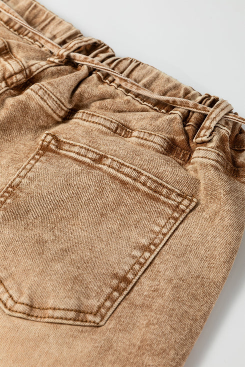 Washed Denim Wide Leg Barrel Fit Waist String Jeans