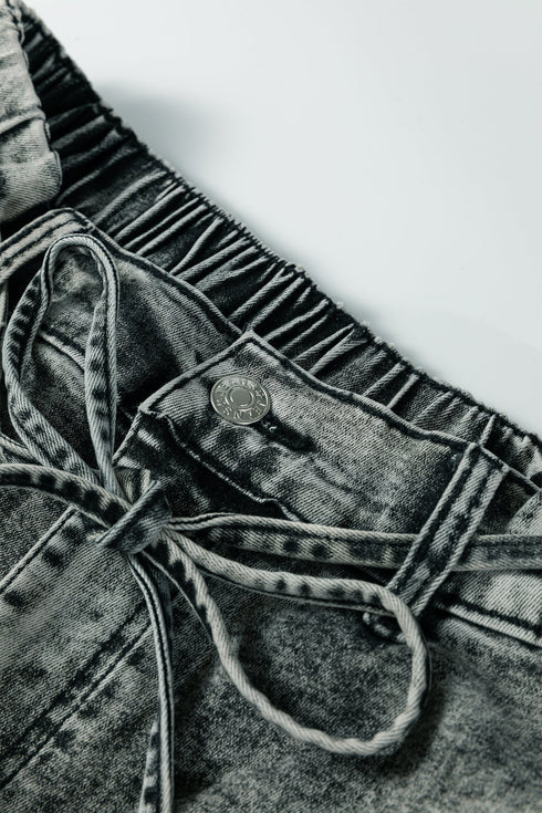 Washed Denim Wide Leg Barrel Fit Waist String Jeans