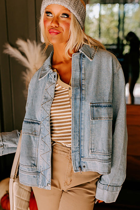 Washed Denim Zip Front Patch Pocket Drop Shoulder Cropped Jacket